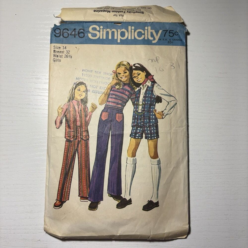 Vintage Simplicity 9646 Girls Pants Shorts Vest Pattern Size 14 1970s